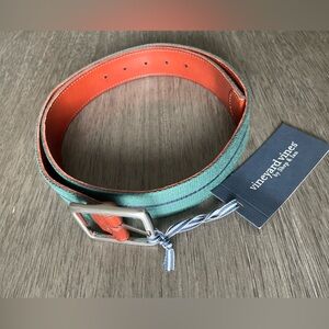 NWT Vineyard Vines Men's 32 Fabric And Leather Belt Dark Green and Navy Buckle